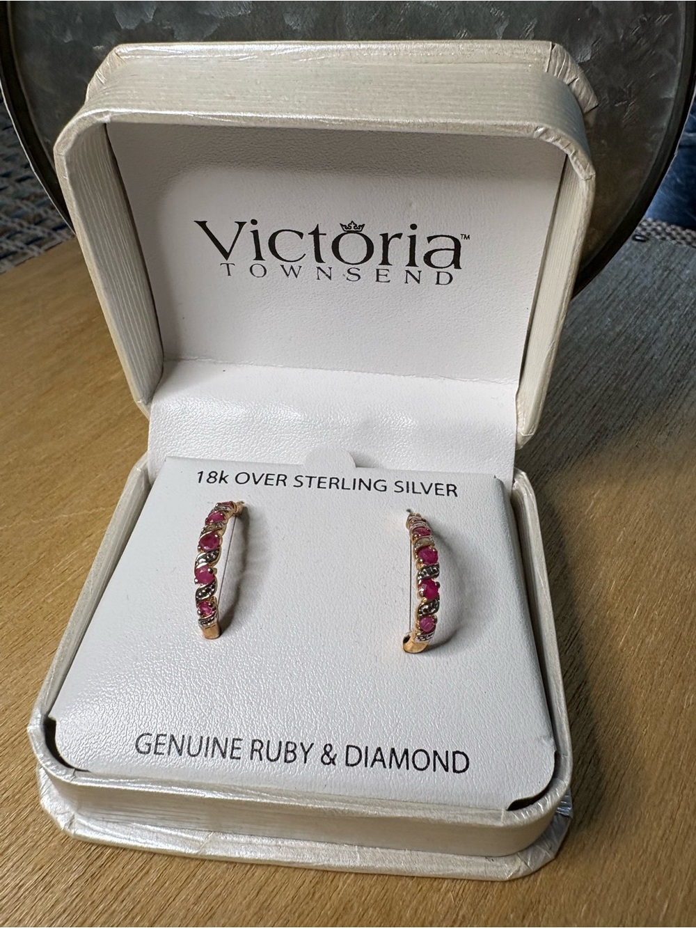 18K Over Sterling Silver Genuine Ruby & Diamond Hoop Earrings - Gold and Pink